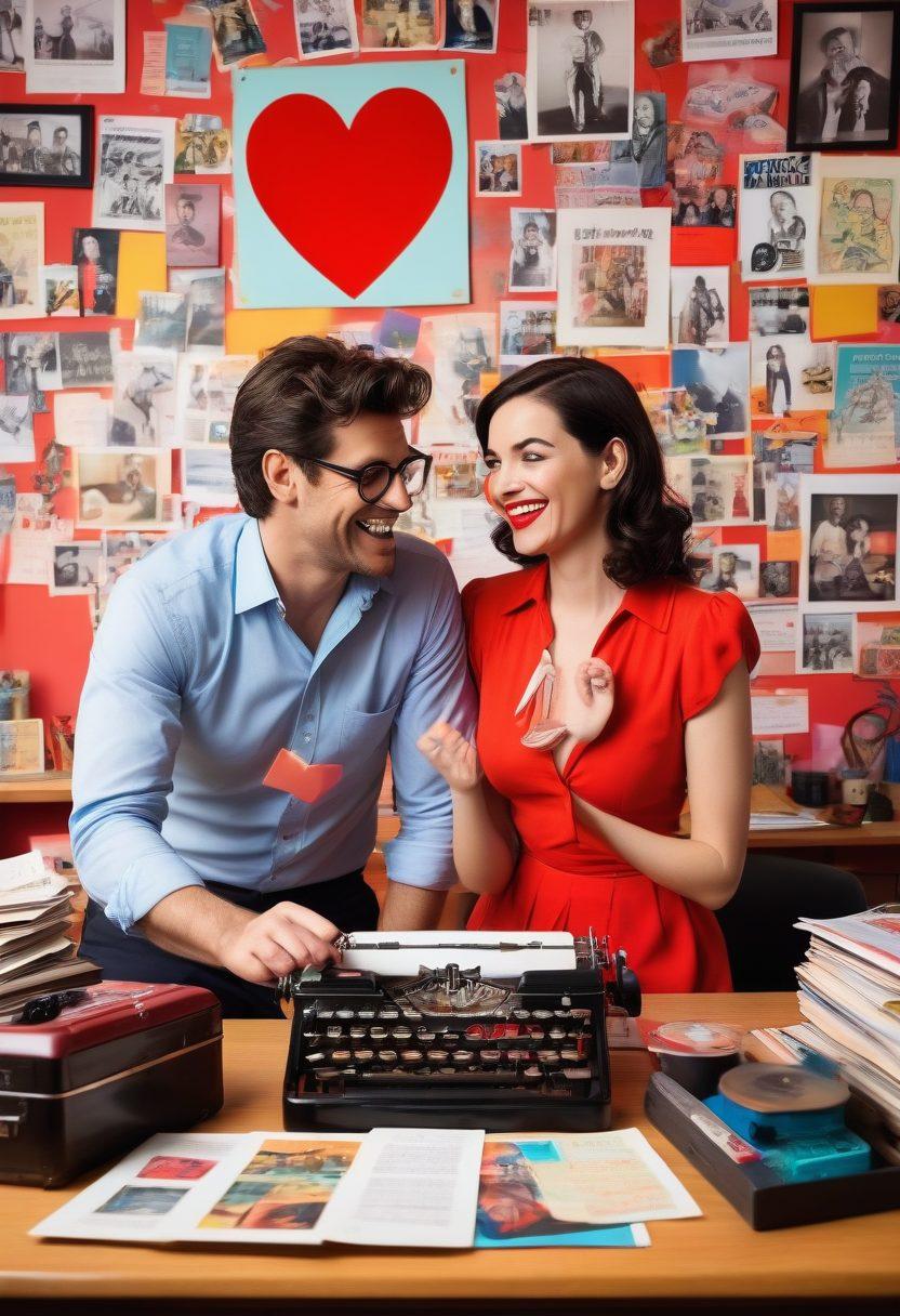 A playful scene featuring a film director and a writer working together in a bright, whimsical office filled with erotic-themed movie posters and books. The director is laughing while holding a storyboard that features outrageous comedic scenes, while the writer types furiously on a vintage typewriter. Include fun props like a giant red heart and various comical erotic props scattered around. The atmosphere is vibrant and lively, reflecting joy and creativity. cartoonish style. vibrant colors.