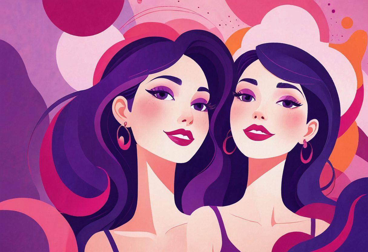 A whimsical and colorful illustration capturing a playful exploration of sensuality, featuring abstract shapes symbolizing intimacy and humor. Incorporate vibrant hues of pink and purple with subtle glossy textures to evoke a sense of allure. Include cheeky cartoonish characters, expressing joy and laughter in a lighthearted adult context, blending elegance with risqué charm. Dabble in surreal elements to emphasize the playful theme. vector art. vibrant colors. playful background.